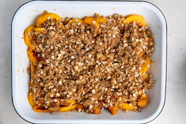 Peach crisp in a baking dish