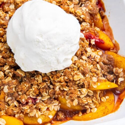 Peach crisp in a baking dish