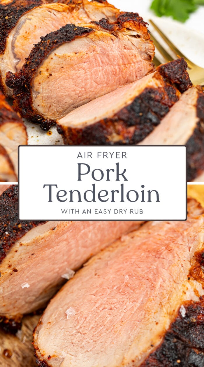 Pin graphic for air fryer pork tenderloin