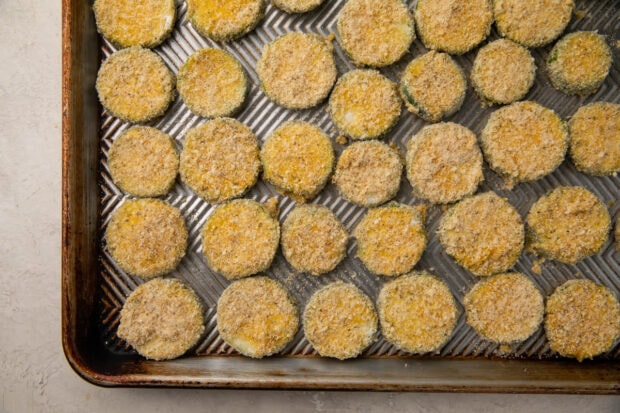 Coated zucchini discs on a baking sheet