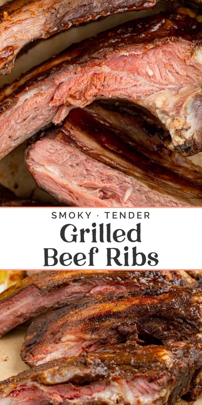 Pin graphic for grilled beef ribs.