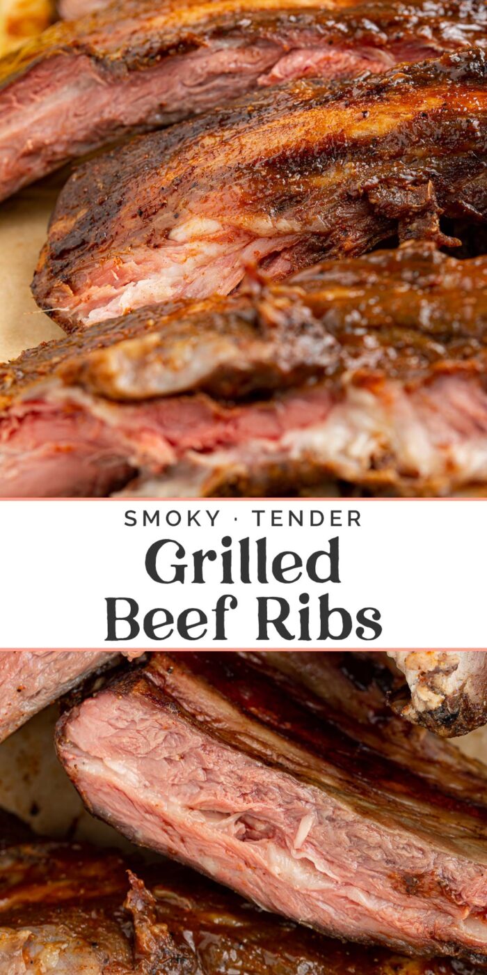 Pin graphic for grilled beef ribs.