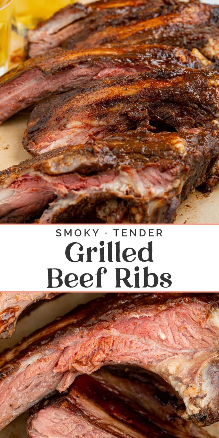 Pin graphic for grilled beef ribs.