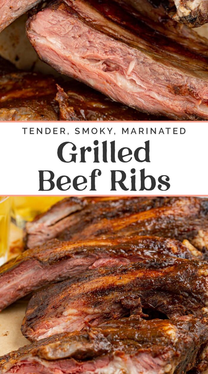 Pin graphic for grilled beef ribs.