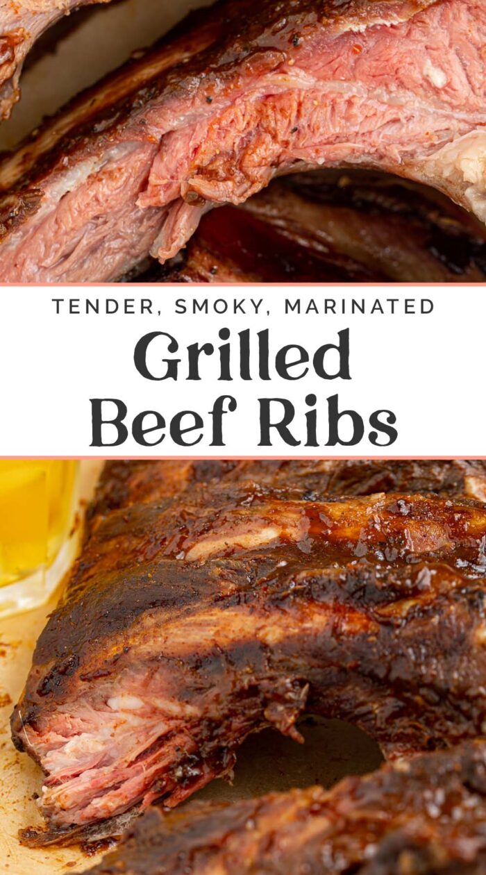 Pin graphic for grilled beef ribs.