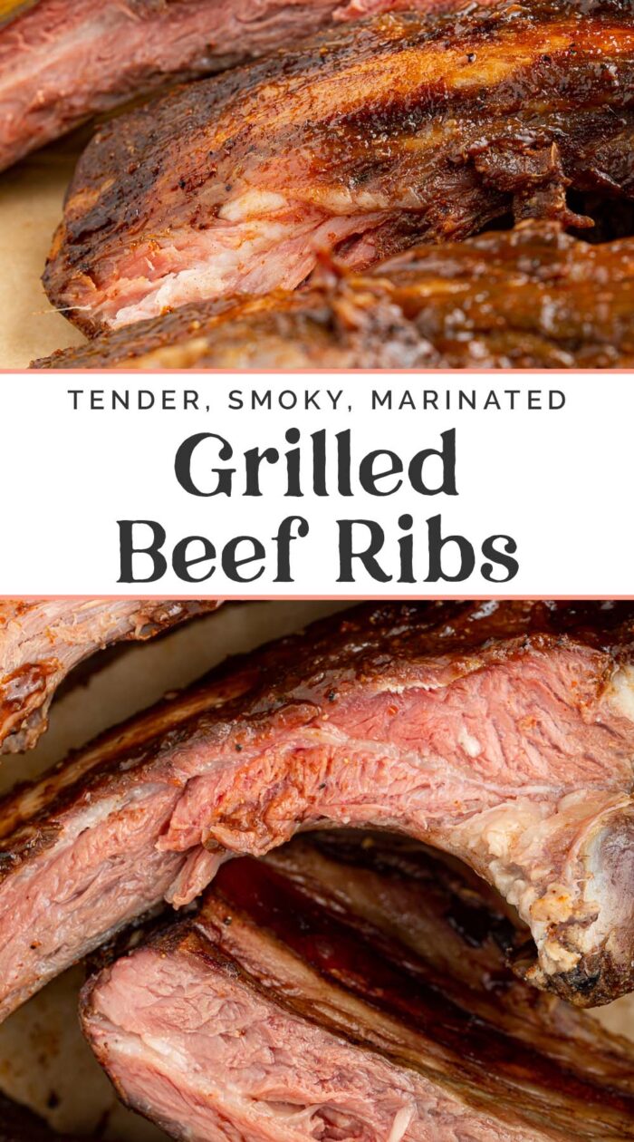 Pin graphic for grilled beef ribs.