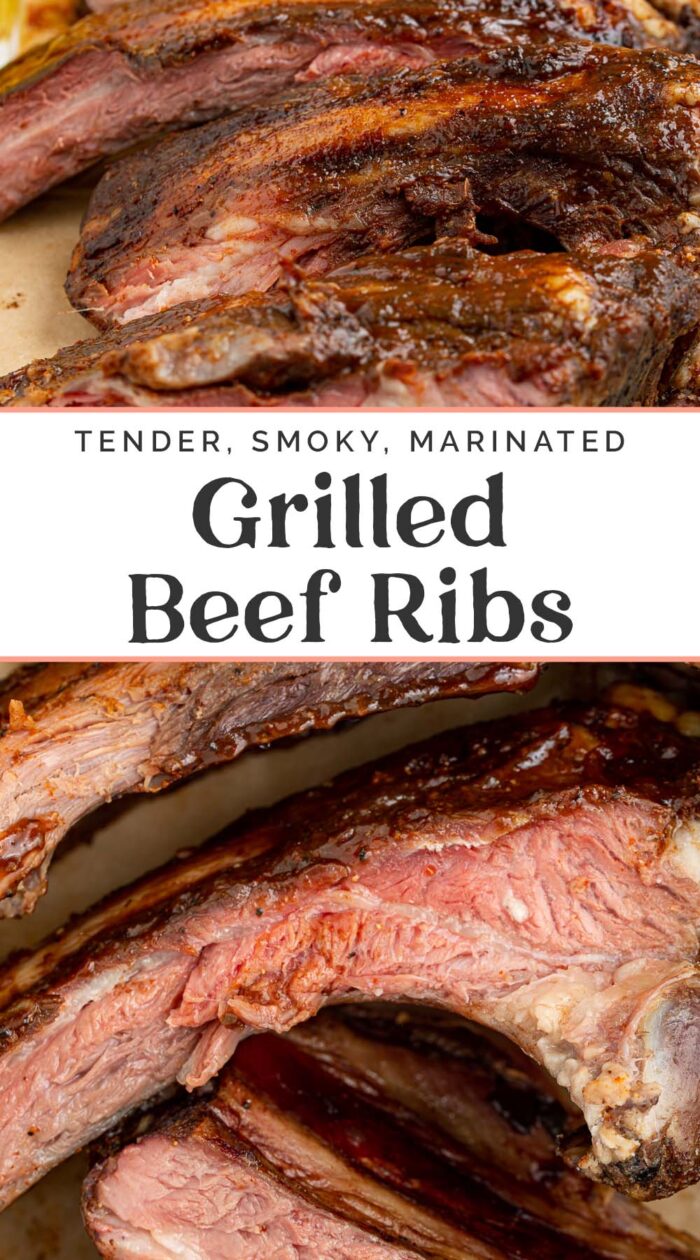 Pin graphic for grilled beef ribs.