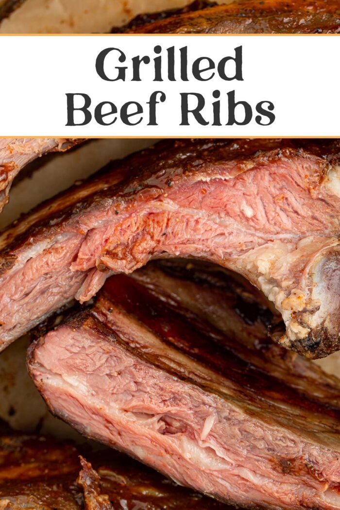 Pin graphic for grilled beef ribs.