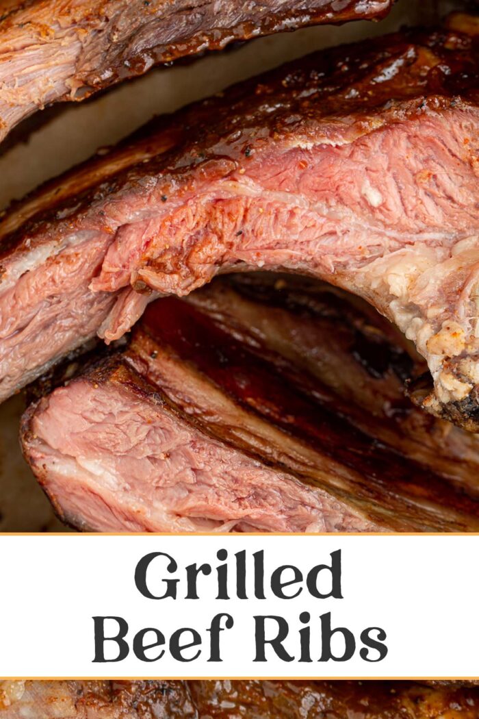 Pin graphic for grilled beef ribs.