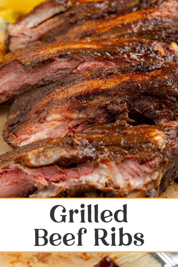 Pin graphic for grilled beef ribs.