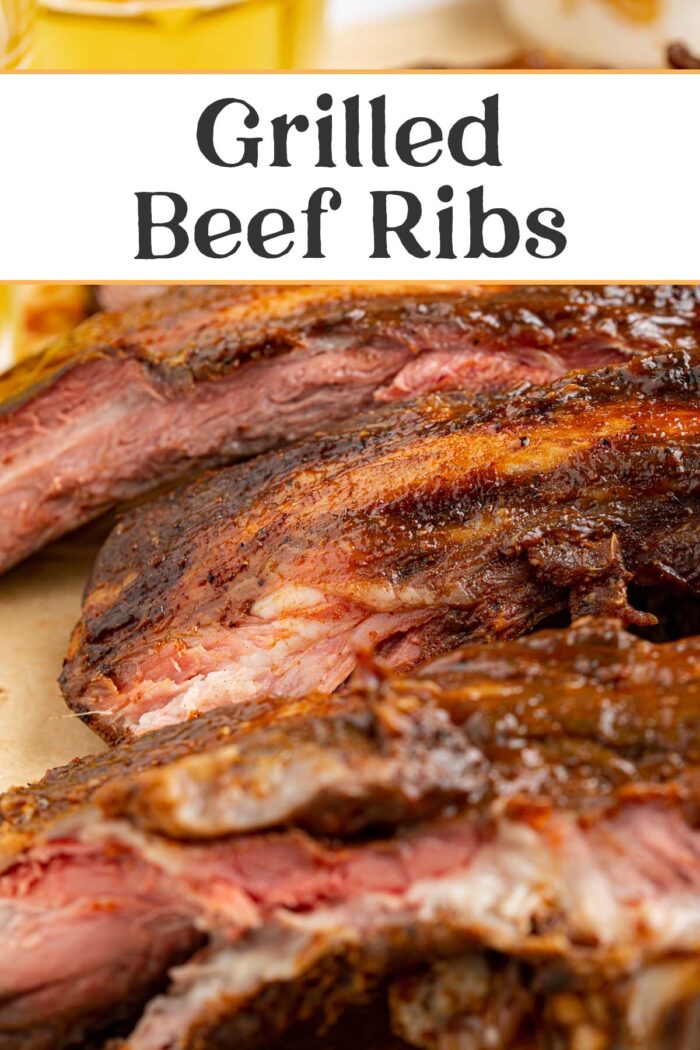 Pin graphic for grilled beef ribs.