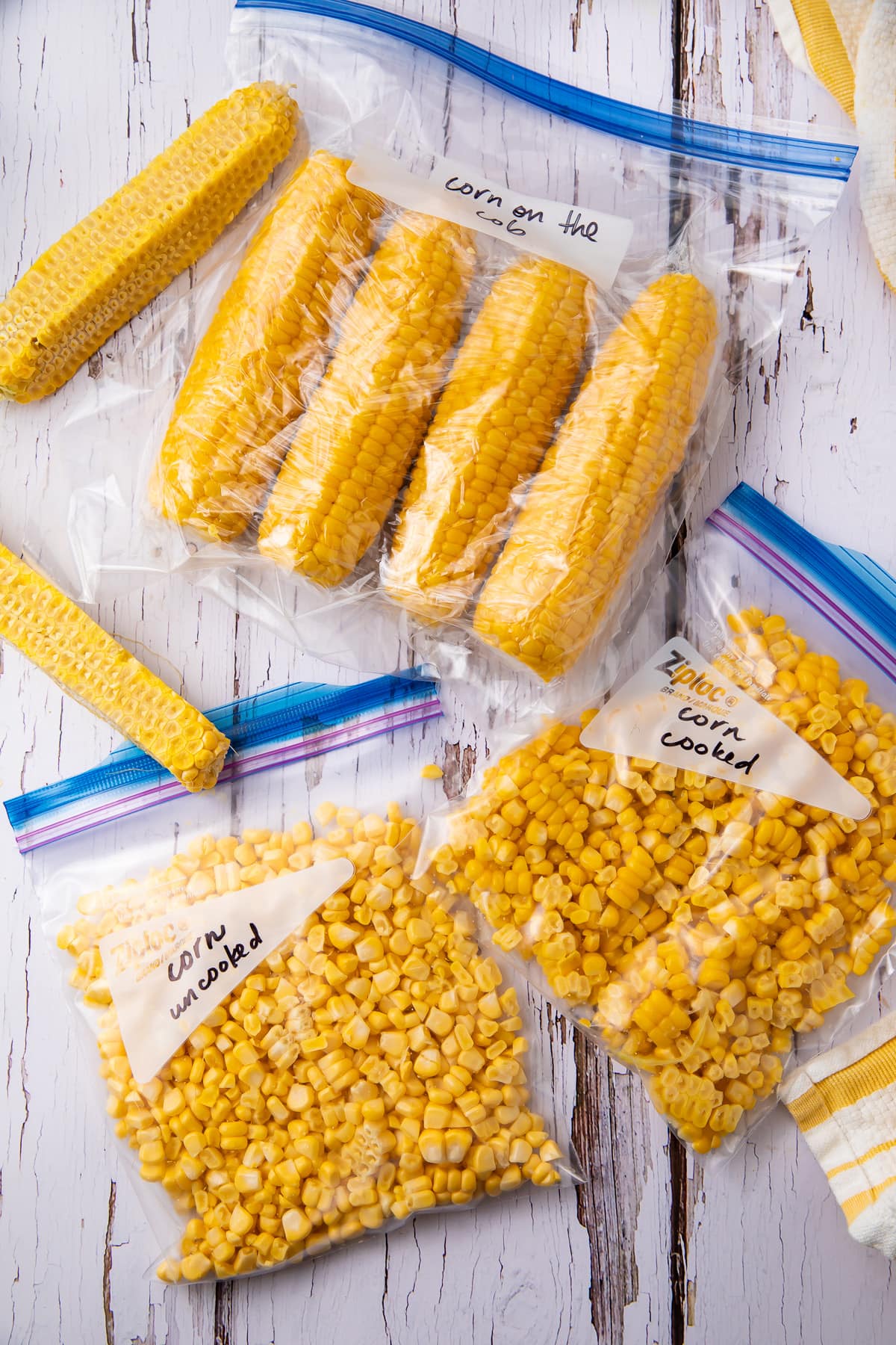 3 zippered bags of corn, ready to freeze for later.