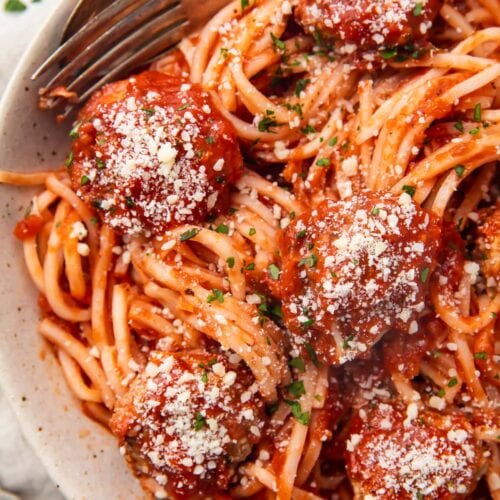 Keto meatballs with keto pasta in a large bowl