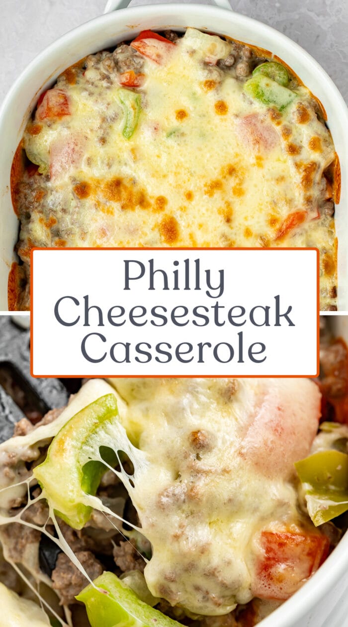 Pin graphic for Philly cheesesteak casserole