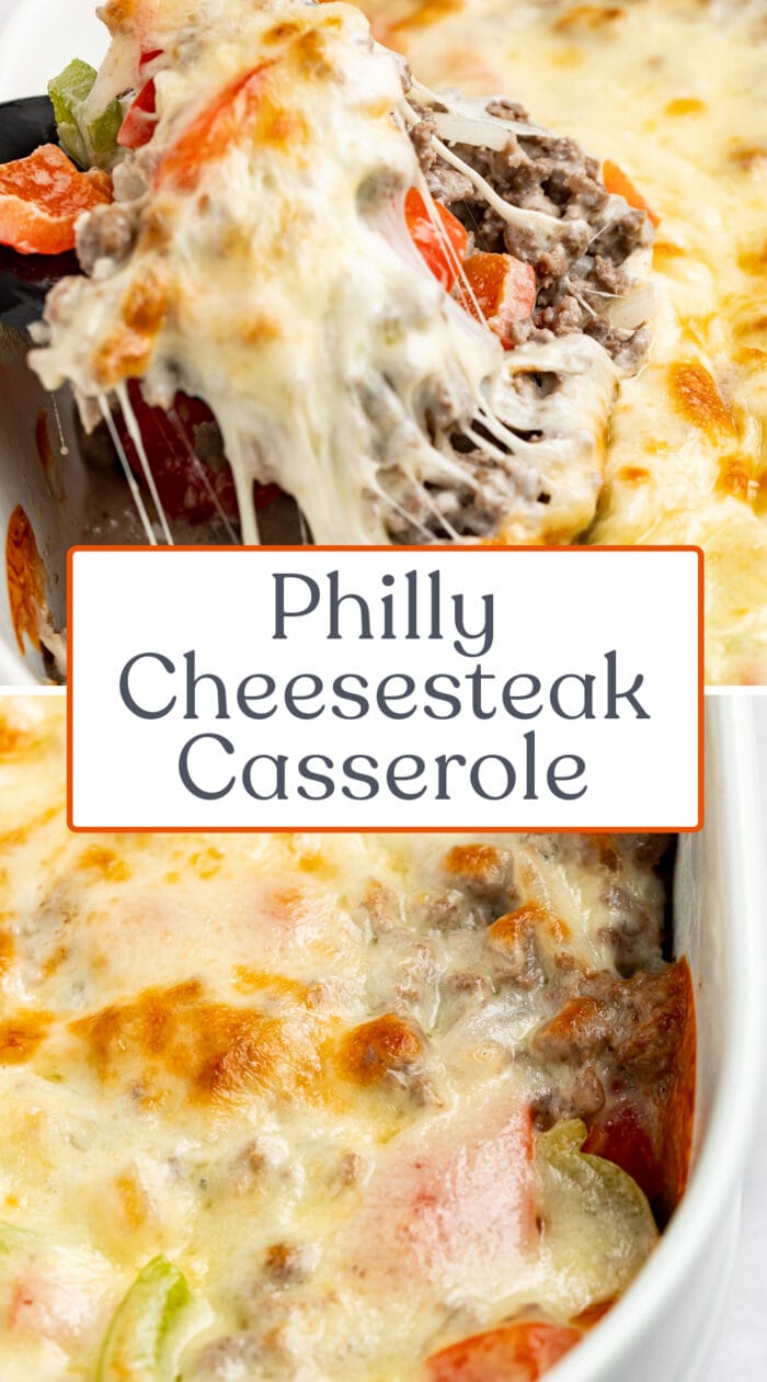 Pin graphic for Philly cheesesteak casserole