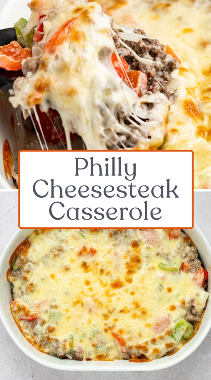 Pin graphic for Philly cheesesteak casserole