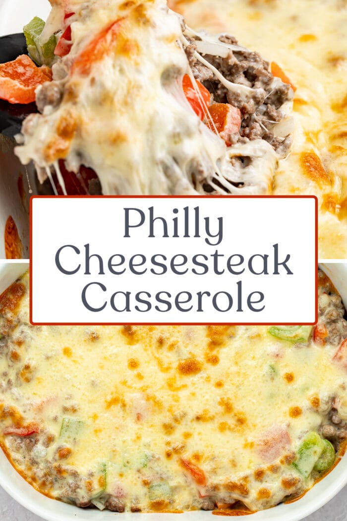 Pin graphic for Philly cheesesteak casserole