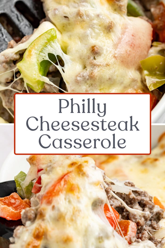 Pin graphic for Philly cheesesteak casserole