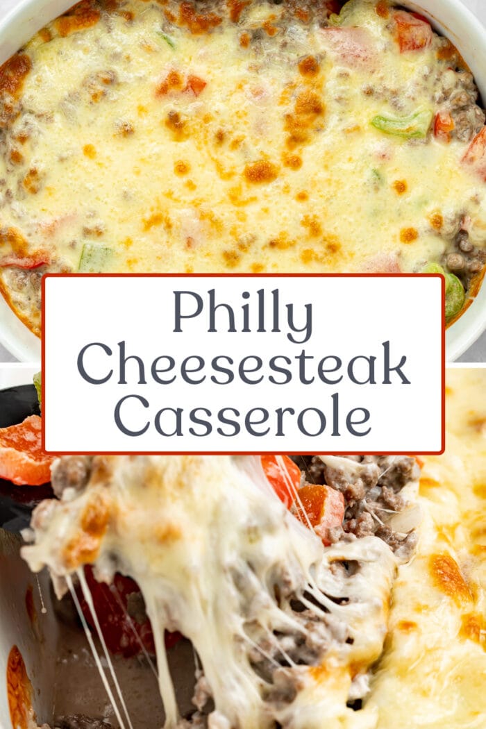 Pin graphic for Philly cheesesteak casserole