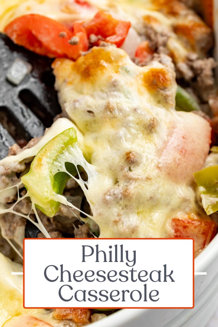 Pin graphic for Philly cheesesteak casserole