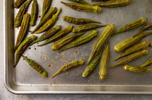 Roasted okra on baking sheet