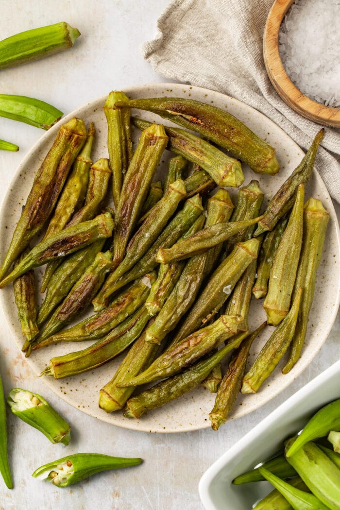 Roasted okra in a large bowl