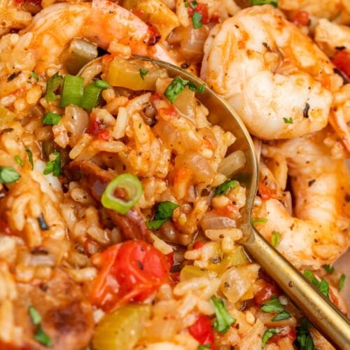 close-up image of instant pot jambalaya with a spoon