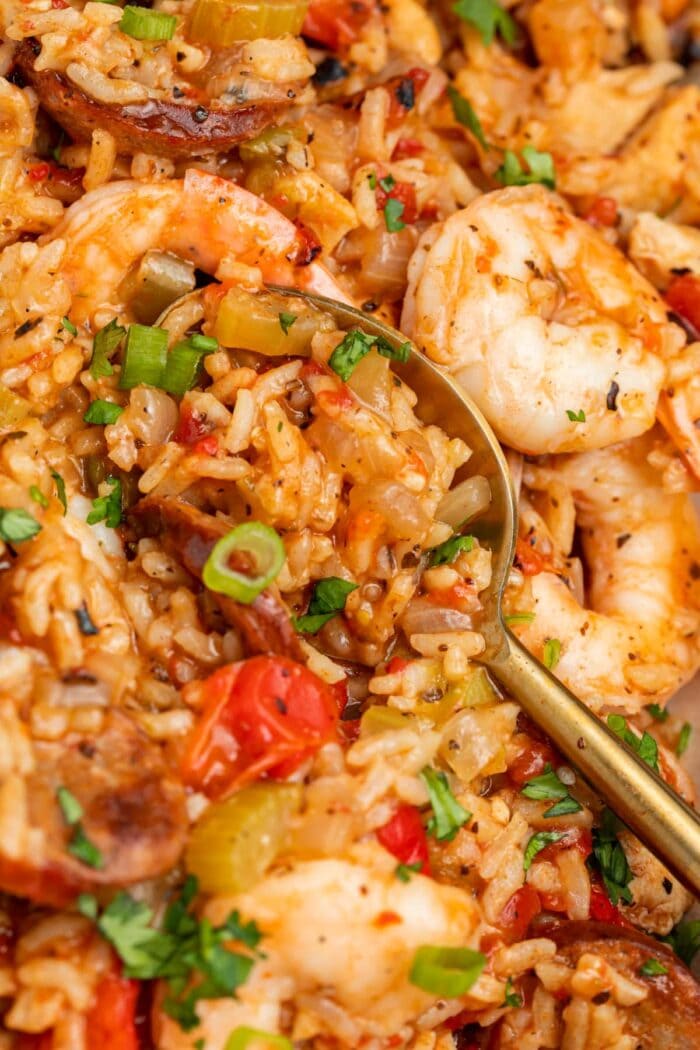 close-up image of instant pot jambalaya with a spoon