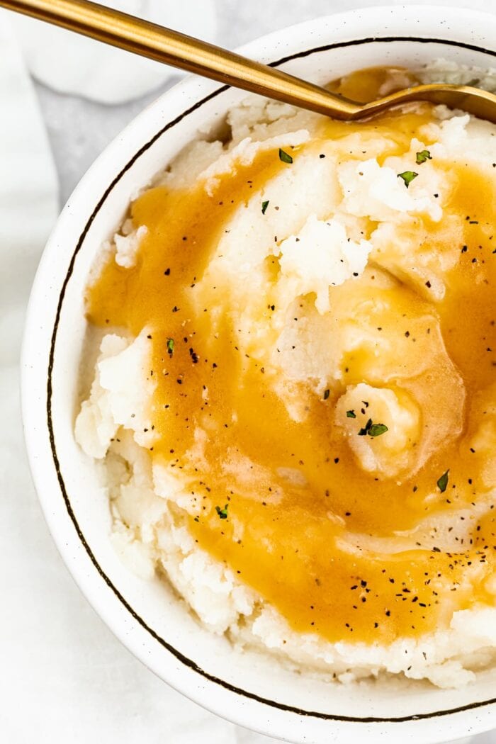 keto gravy over mashed potatoes in a bowl