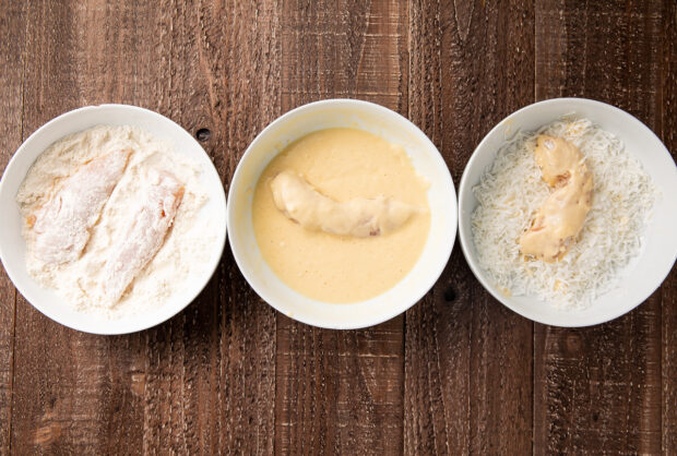 Bowls with layers for coconut chicken strips