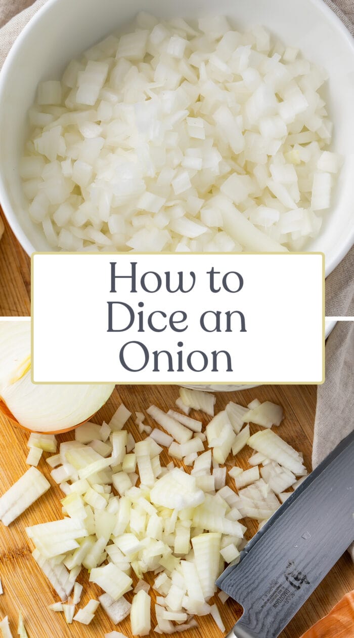 Pin graphic for how to dice an onion