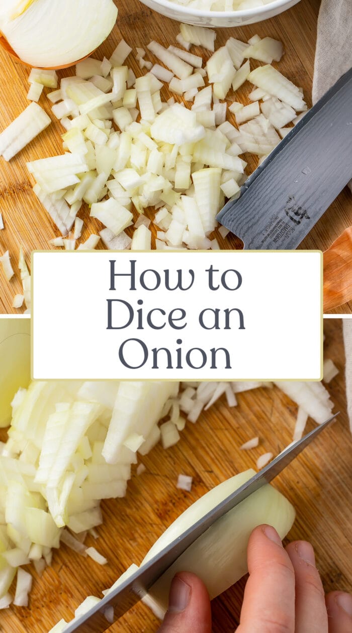 Pin graphic for how to dice an onion