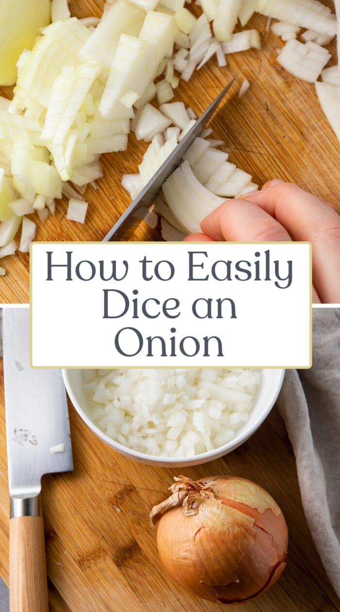 Pin graphic for how to dice an onion