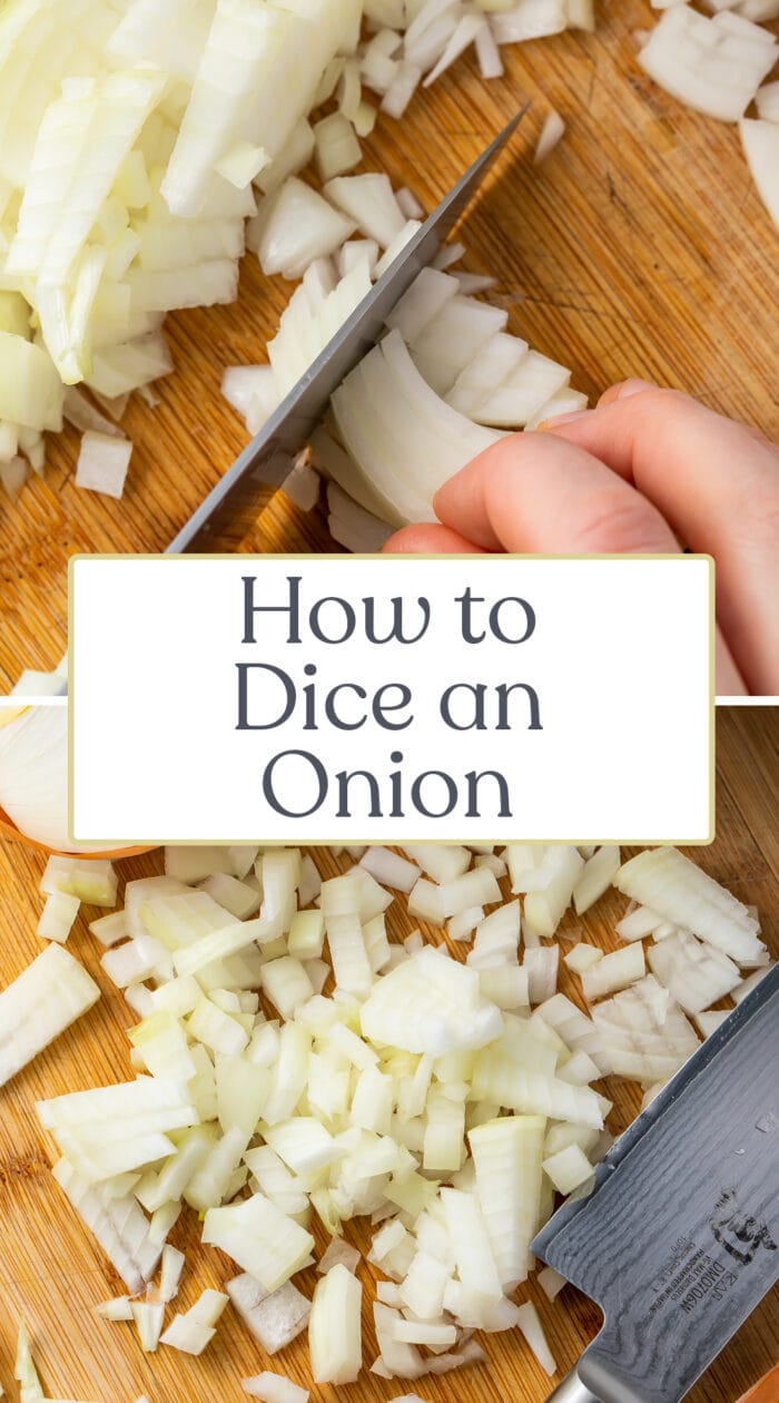 Pin graphic for how to dice an onion