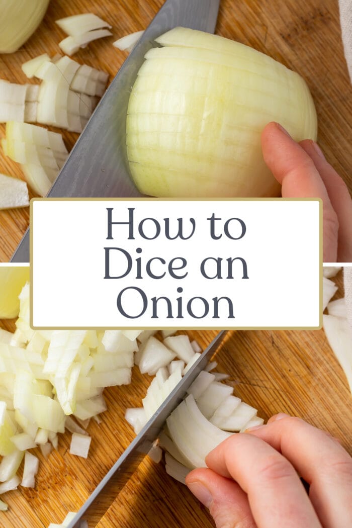 Pin graphic for how to dice an onion