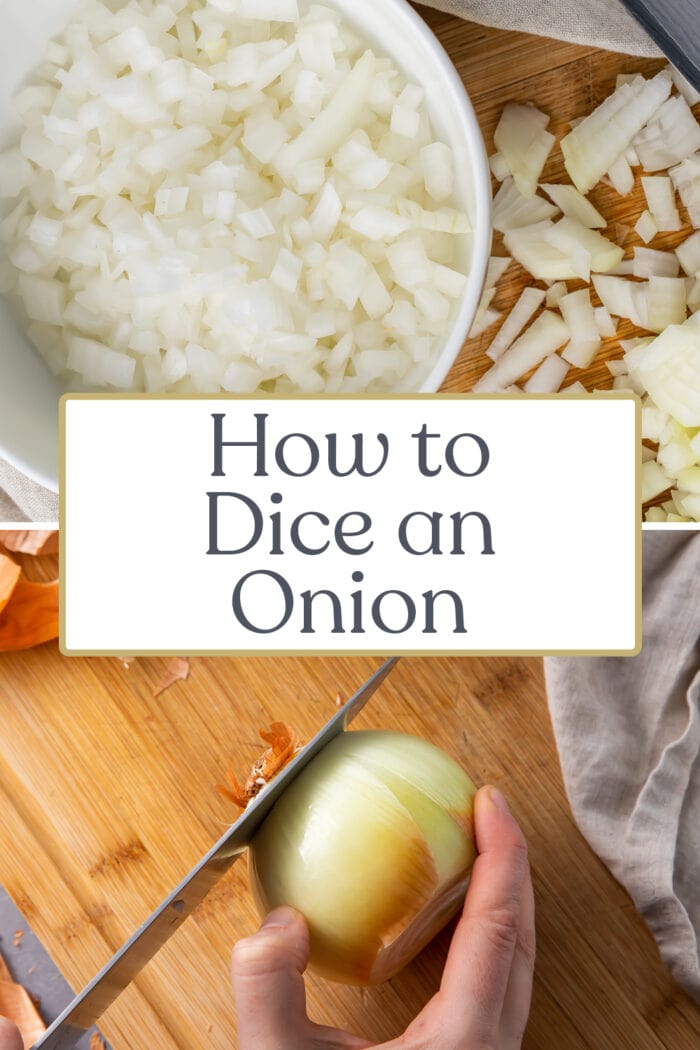 Pin graphic for how to dice an onion