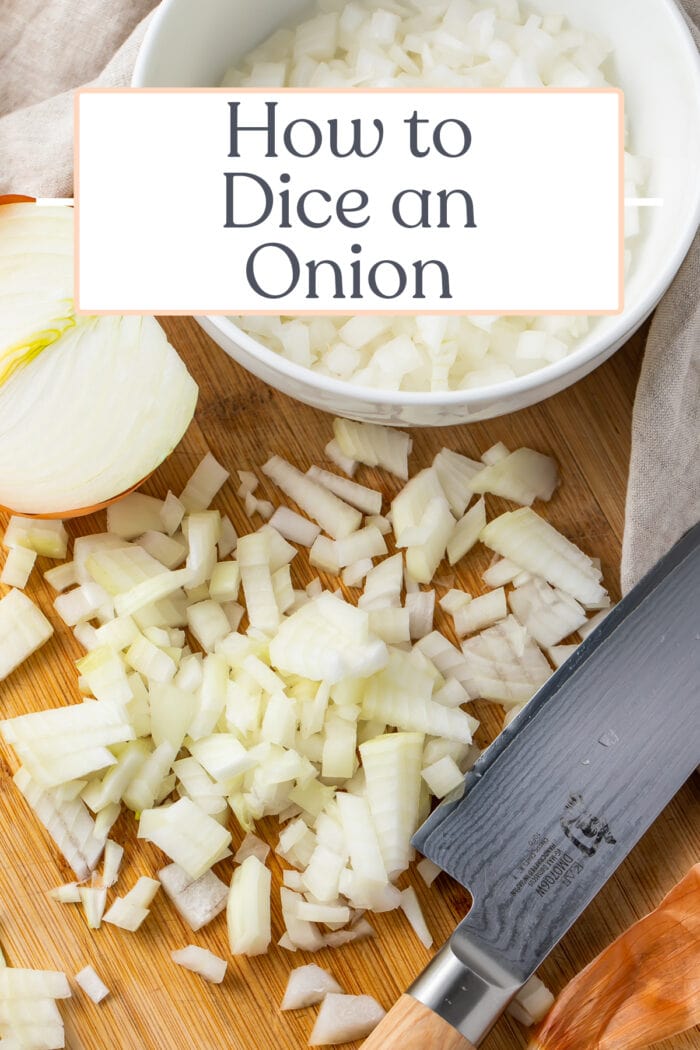 Pin graphic for how to dice an onion