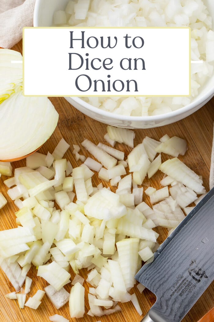 Pin graphic for how to dice an onion