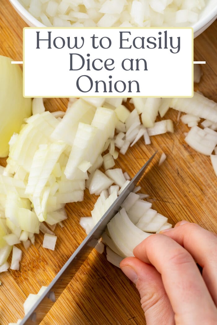 Pin graphic for how to dice an onion