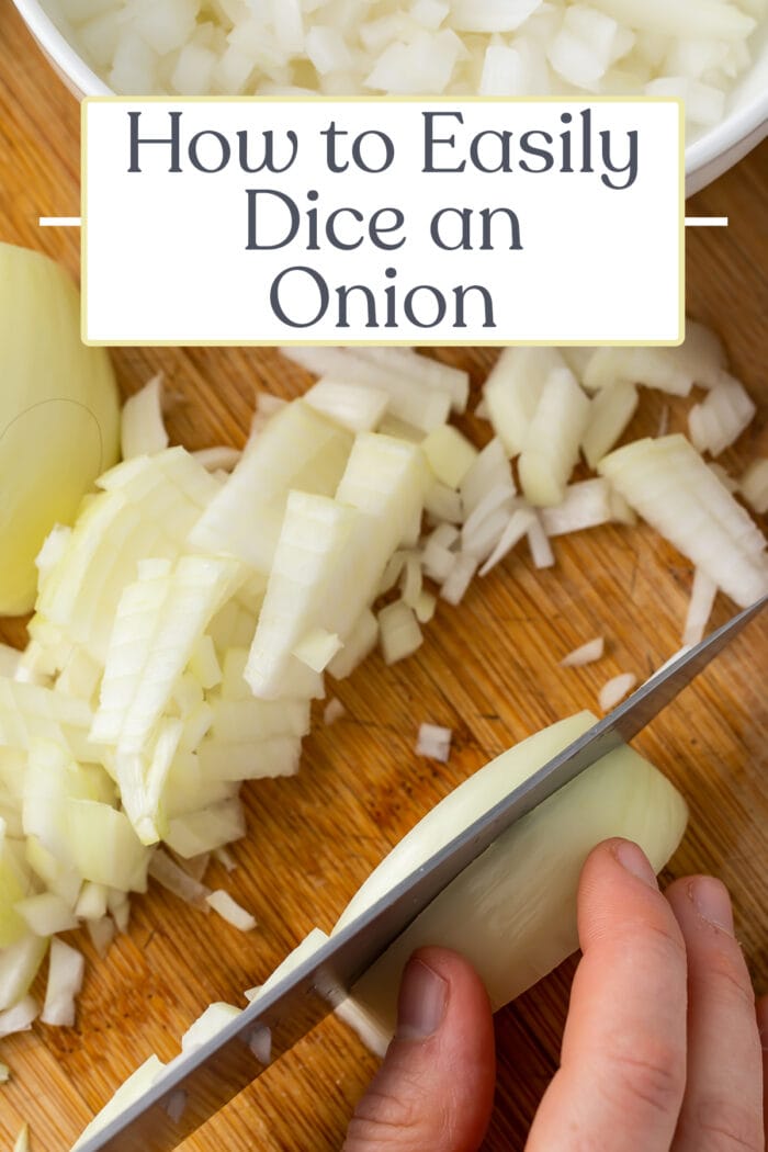 Pin graphic for how to dice an onion