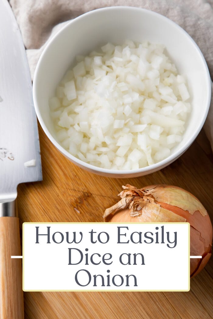 Pin graphic for how to dice an onion