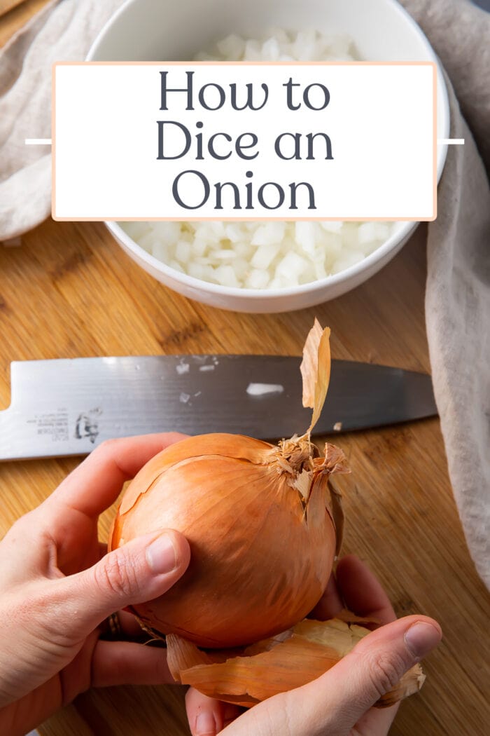 Pin graphic for how to dice an onion