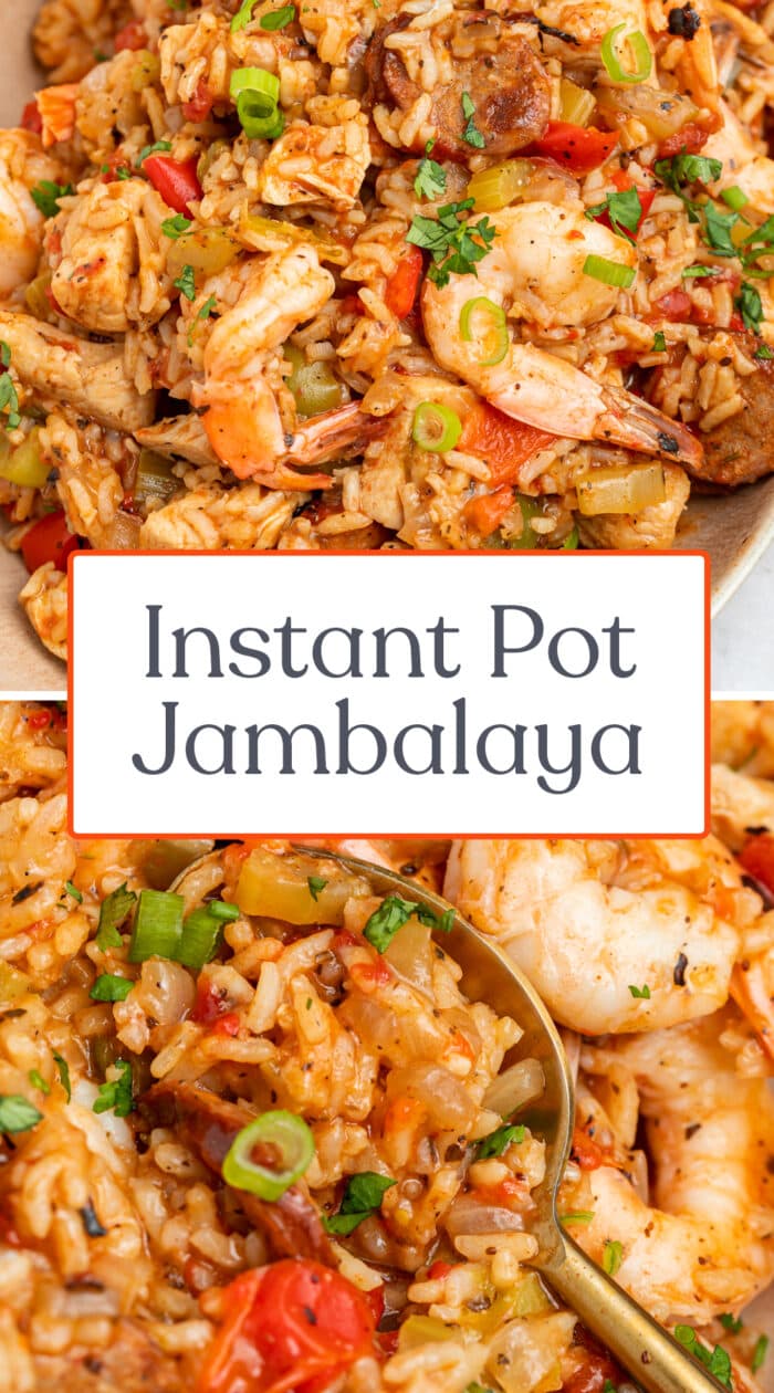 Pin graphic for Instant Pot jambalaya