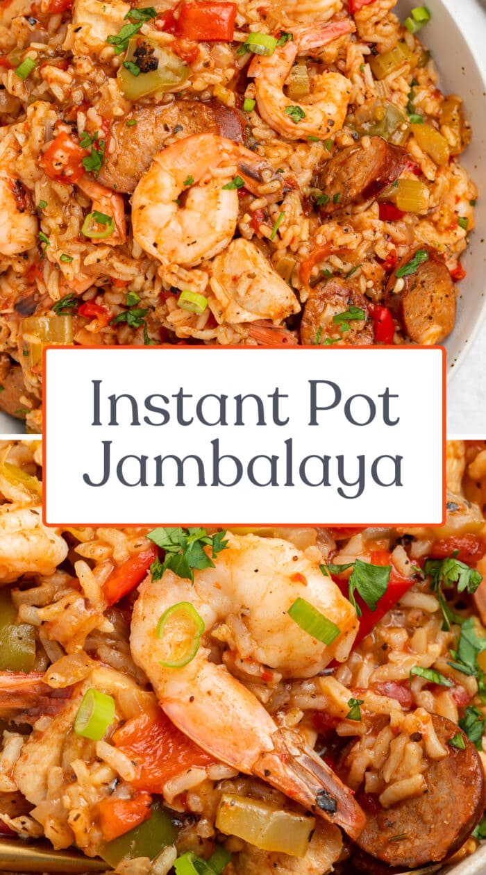 Pin graphic for Instant Pot jambalaya