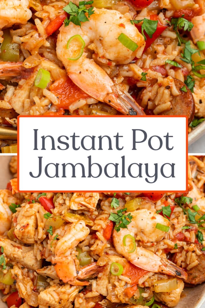 Pin graphic for Instant Pot jambalaya