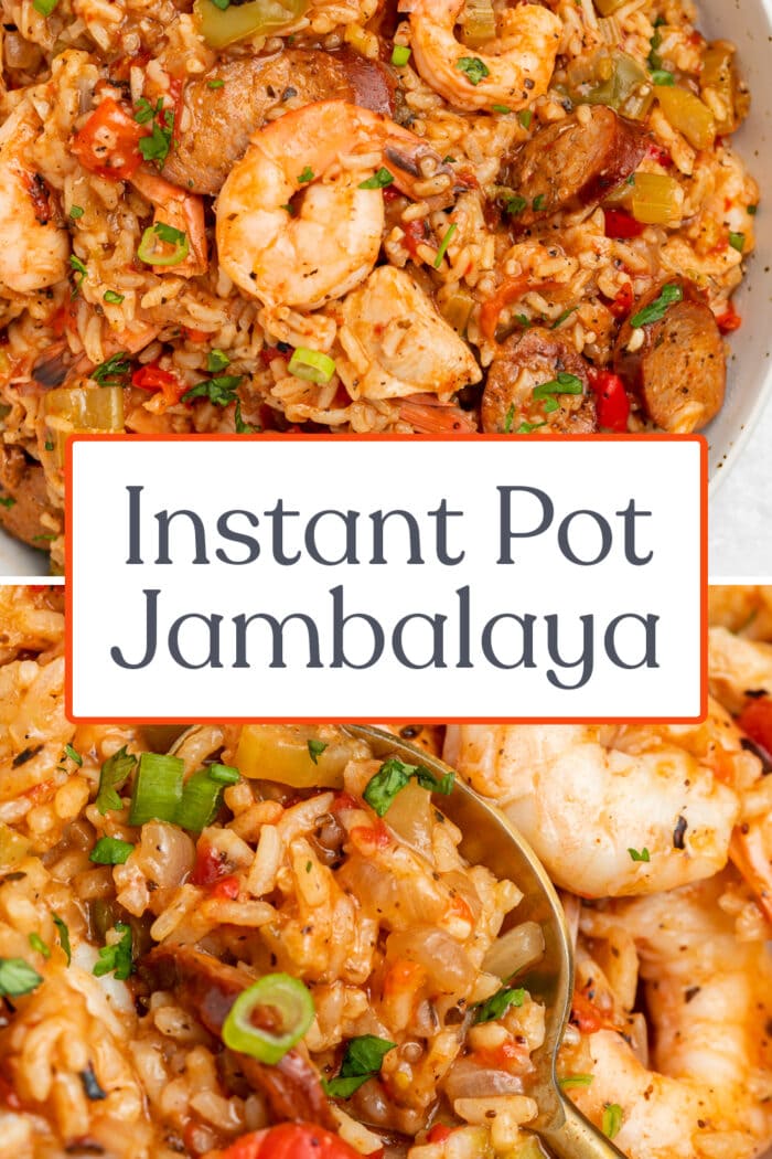 Pin graphic for Instant Pot jambalaya