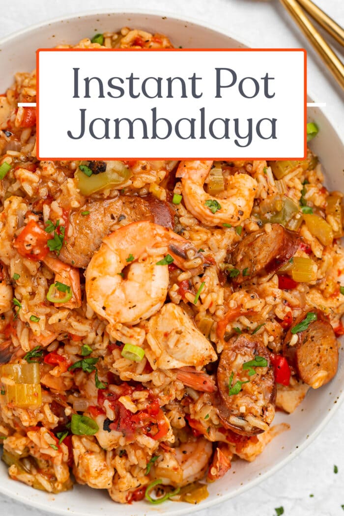 Pin graphic for Instant Pot jambalaya