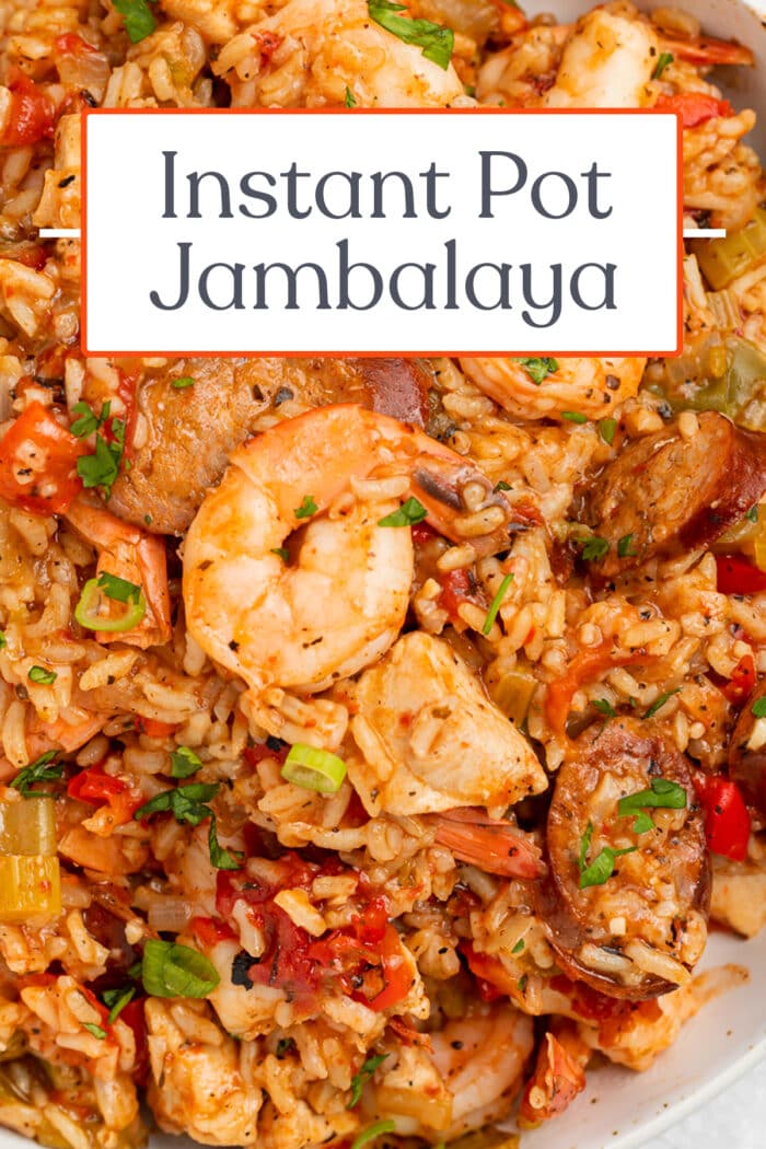 Pin graphic for Instant Pot jambalaya