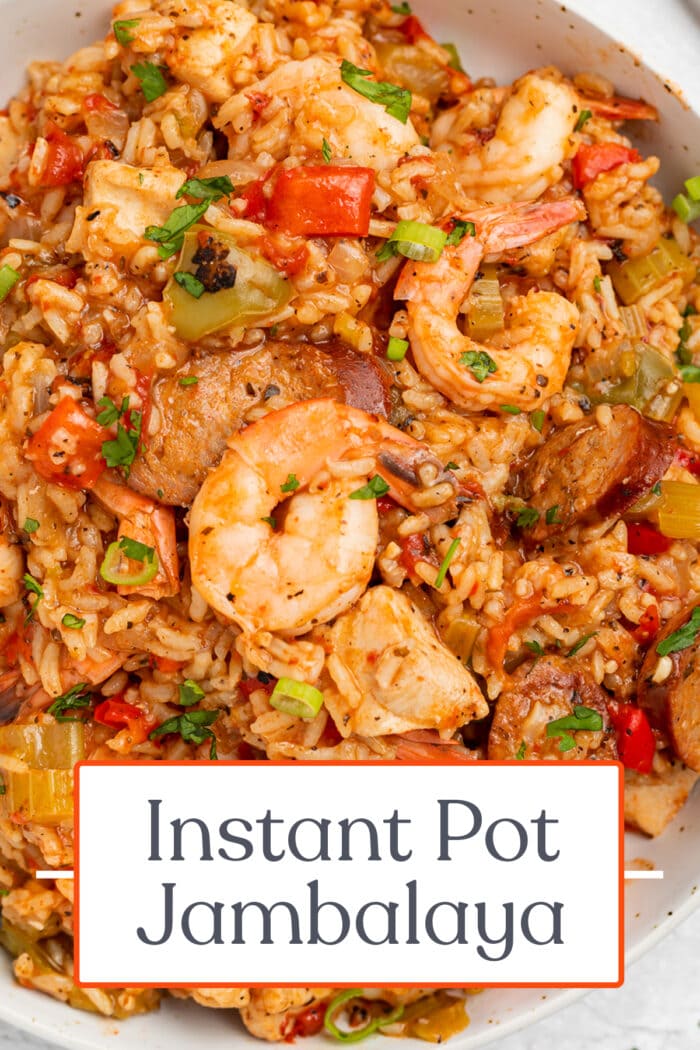 Pin graphic for Instant Pot jambalaya