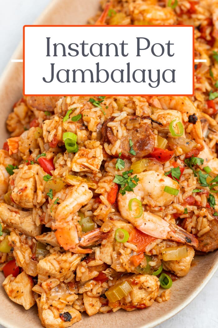 Pin graphic for Instant Pot jambalaya